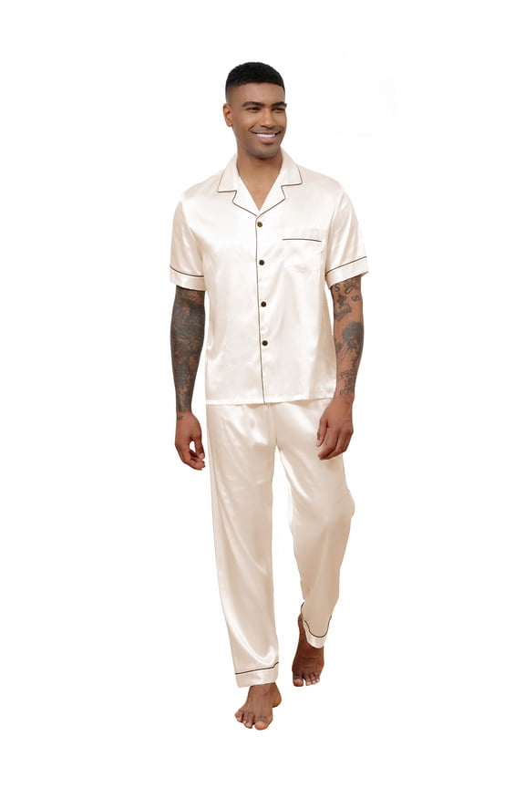 Silk Satin Pajama Sets for Men Short Sleeve Button-Down Pajamas for Men 2 Piece Men Silk Sleepwear Set Mens Satin Loungewear Sets with Long Pants, S-XXL