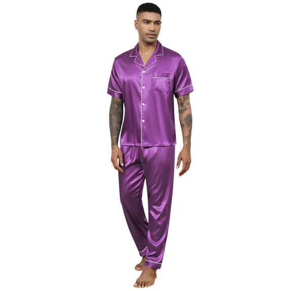 Silk Satin Pajama Sets for Men Short Sleeve Button-Down Pajamas for Men 2 Piece Men Silk Sleepwear Set Mens Satin Loungewear Sets with Long Pants, S-XXL