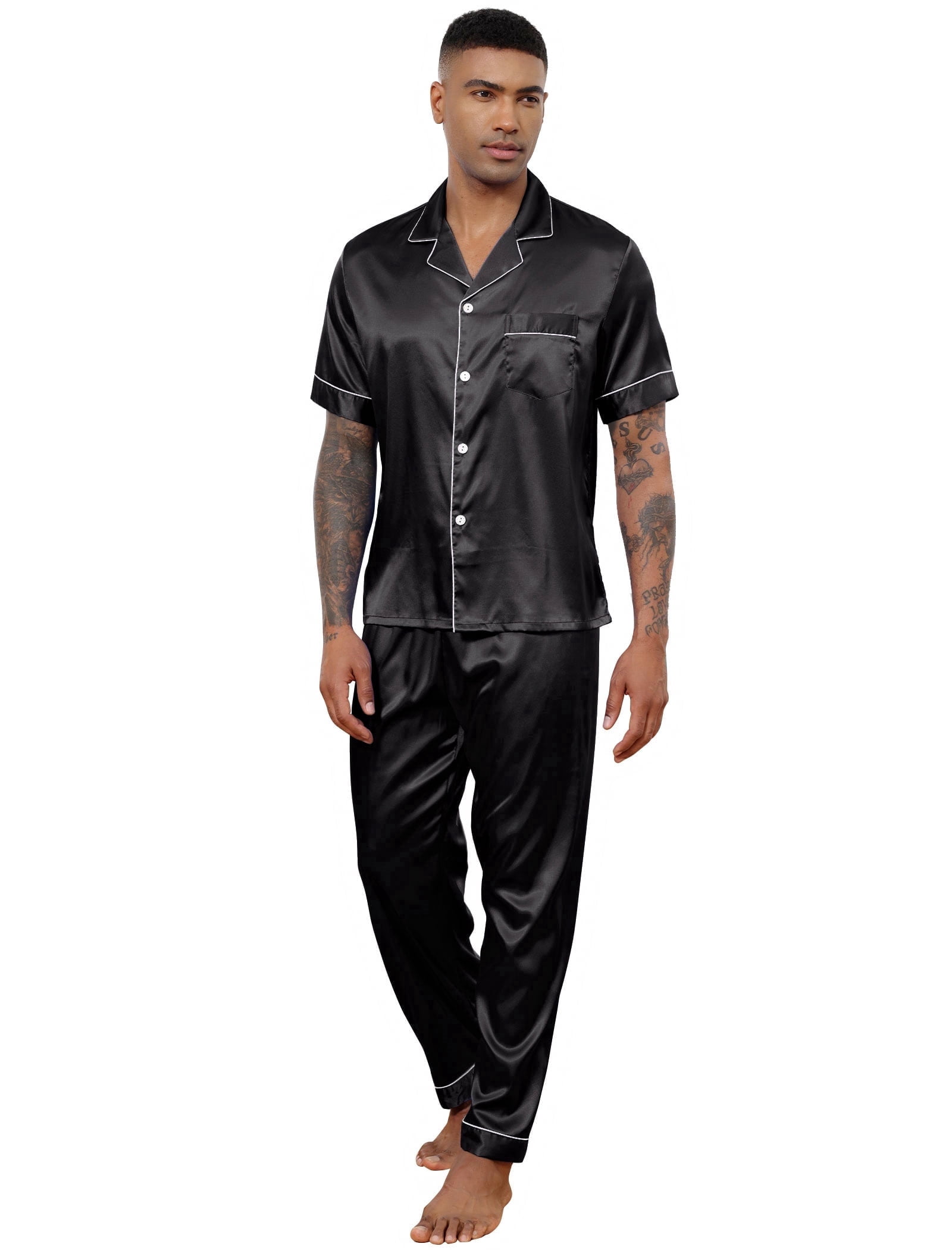 Silk Satin Pajama Sets for Men Short Sleeve Button-Down Pajamas for Men 2 Piece Men Silk Sleepwear Set Mens Satin Loungewear Sets with Long Pants, S-XXL