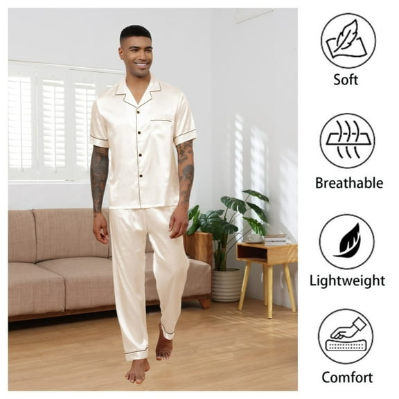 Silk Satin Pajama Sets for Men Short Sleeve Button-Down Pajamas for Men 2 Piece Men Silk Sleepwear Set Mens Satin Loungewear Sets with Long Pants, S-XXL