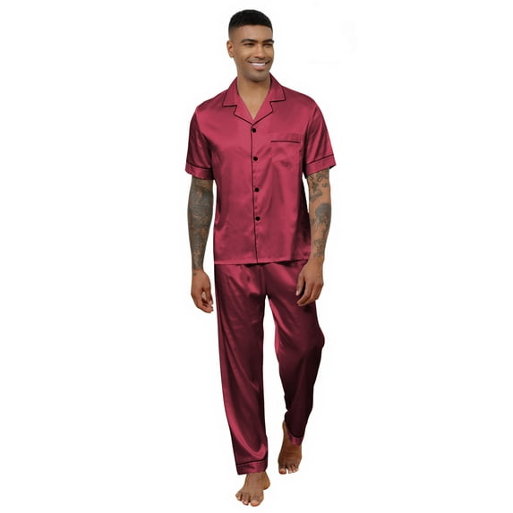 Silk Satin Pajama Sets for Men Short Sleeve Button-Down Pajamas for Men 2 Piece Men Silk Sleepwear Set Mens Satin Loungewear Sets with Long Pants, S-XXL
