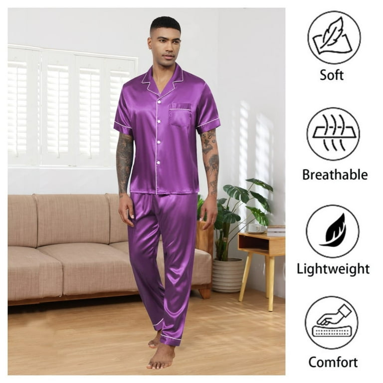 Silk Satin Pajama Sets for Men Short Sleeve Button-Down Pajamas