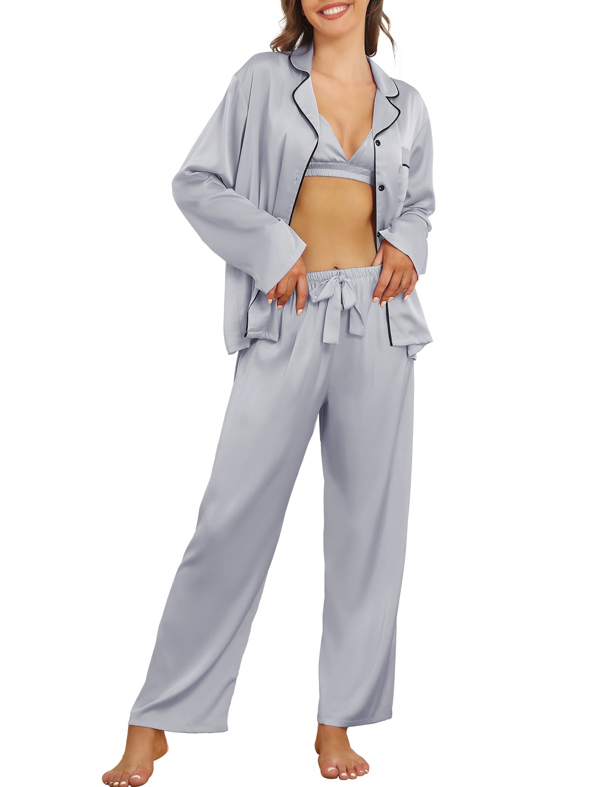 Silk Satin Pajama Sets for Women 3Pcs Pajamas with Bra Button Up Long  Sleeve Loungewear Notch Collar Soft Sleepwear