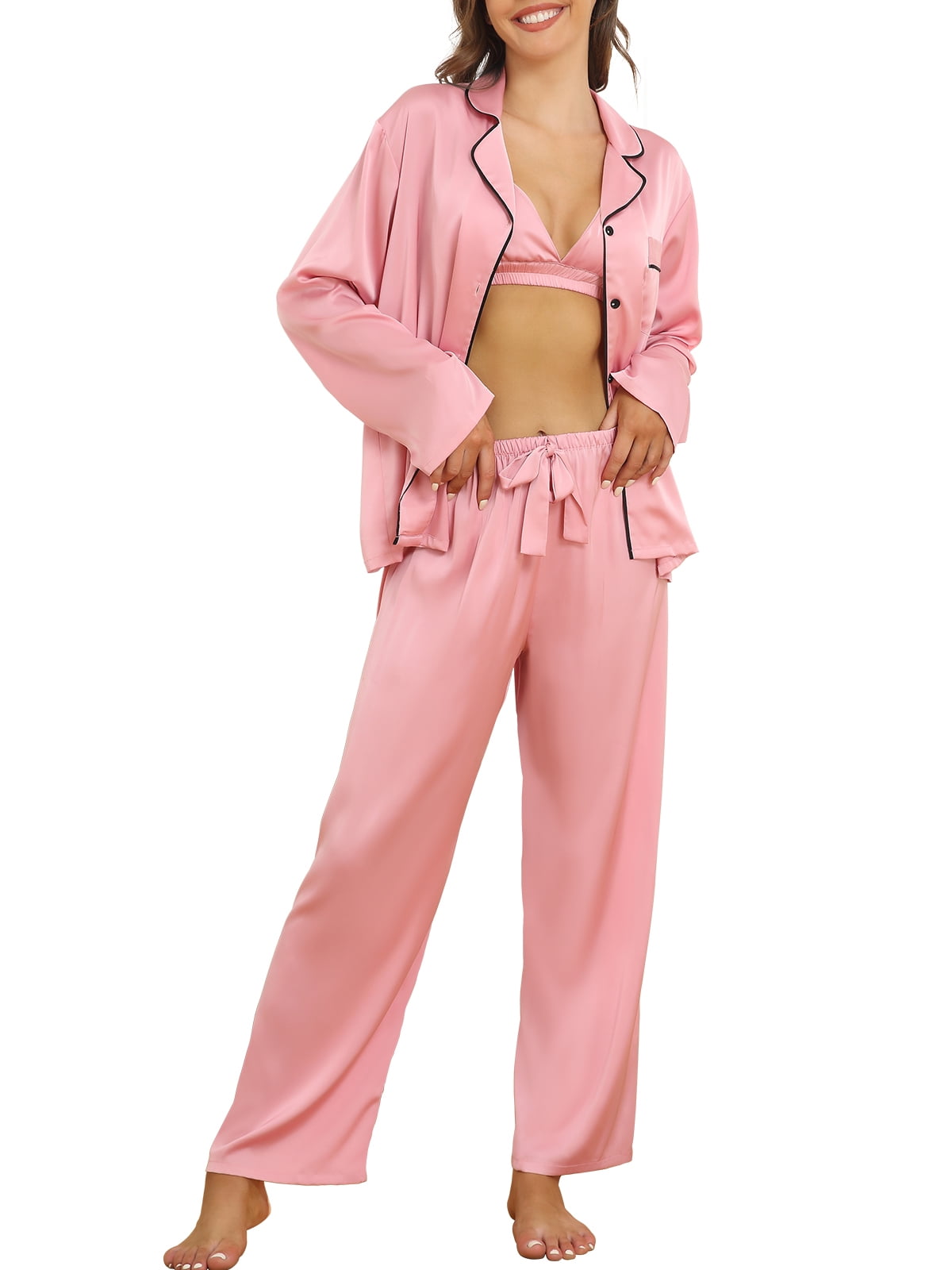 Silk Satin Pajama Sets for Women 3Pcs Pajamas with Bra Button Up