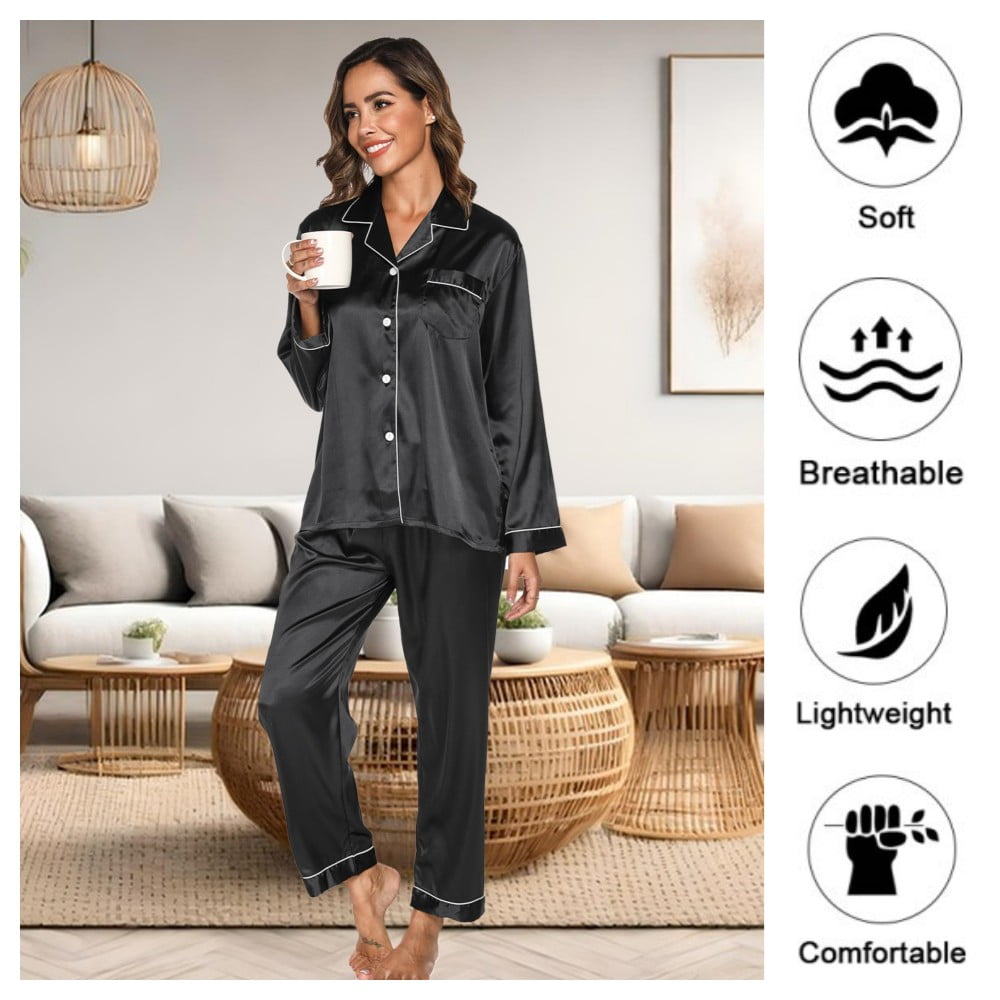 Women s Silk Satin Pajama Set Long Sleeve Button Down 2 Piece Sleepwear Size L Walmart