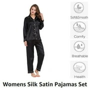 DEJI Silk Satin Pajama Sets for Women Long Sleeve Button Down Pajama Set 2 Piece Sleepwear for Women, M