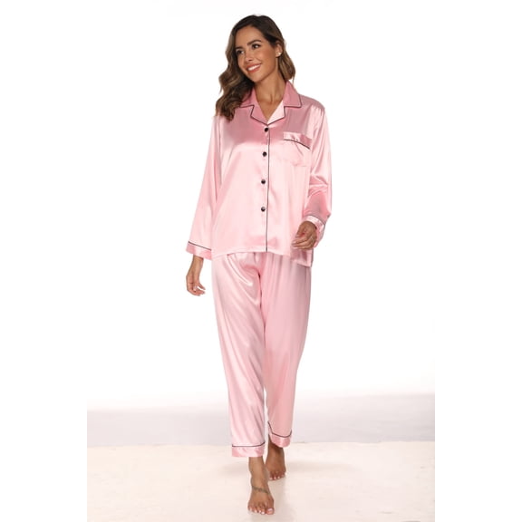 Silk Satin Pajama Set for Women - Long Sleeve Soft Button Down Loungewear Nightwear Pjs Sleepwear,Valentine's Day Gift for Her,Two-Piece Pajamas Set,S