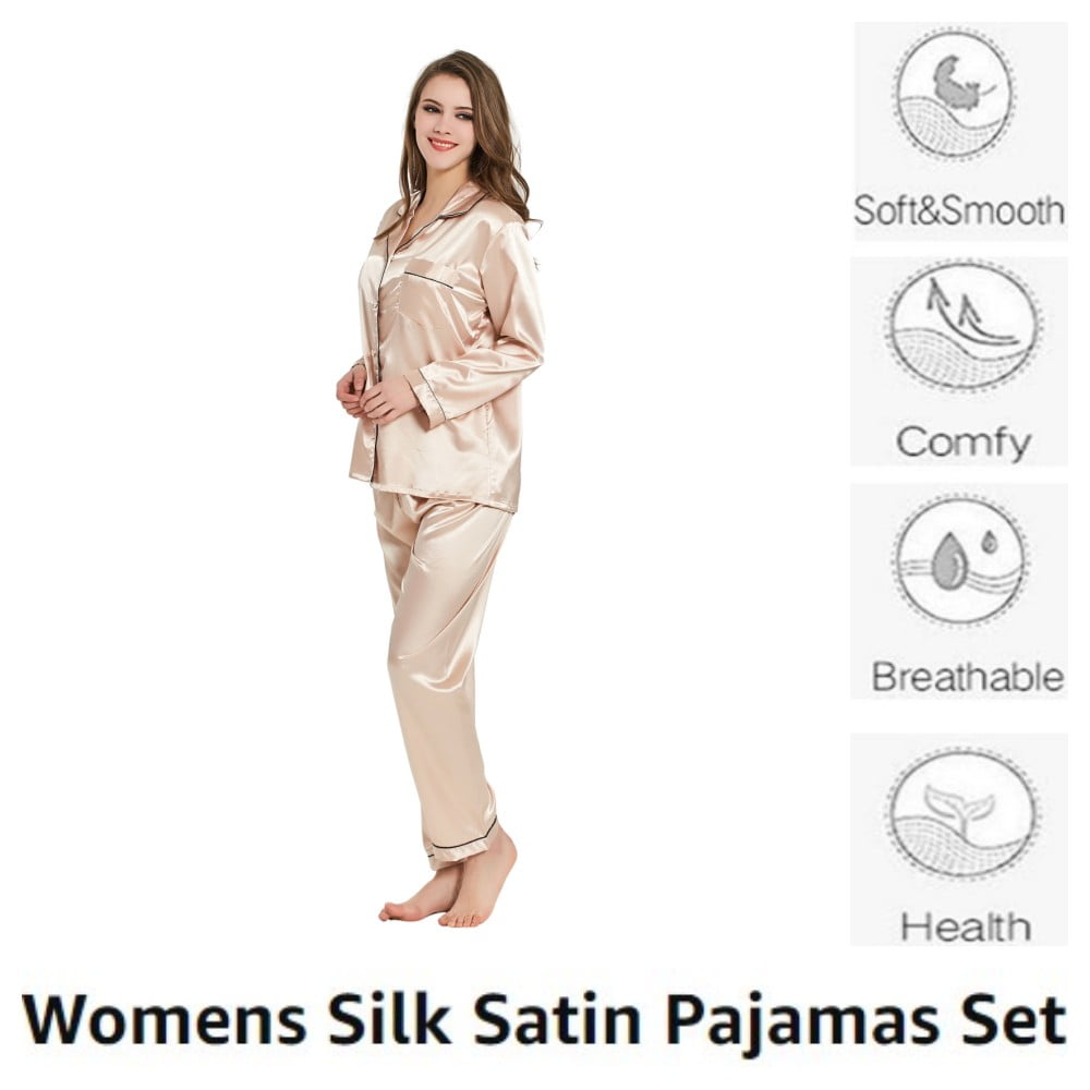 Silk Satin Pajama Sets for Women Long Sleeve Button Down Pajama Set 2