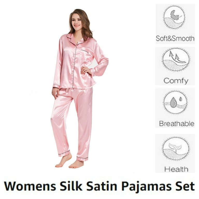 Samring Women's Silk Satin Pajamas Set Long Sleeve Sleepwear Two Piece  Button Down Pj Set with Pockets S-XXL