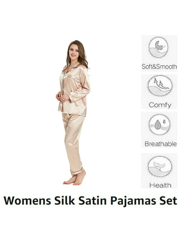 Silk Satin Pajama Sets for Women Long Sleeve Button Down Pajama Set 2 Piece Sleepwear for Women, XL