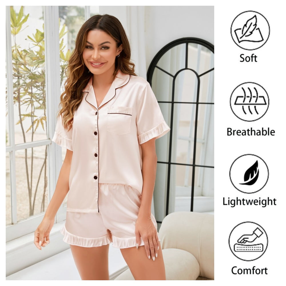 Silk Satin Pajama Sets for Women Ruffle Short Sleeve Button Down Pajama — free download
