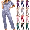 thumbnail image 1 of Silk Satin Pajamas Set Women Short Sleeve Sleepwear Soft Button Down Loungewear Pjs Set Light Blue XL(XL), 1 of 5