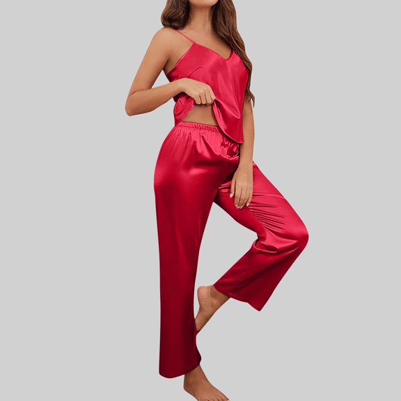 Silk Satin Pajamas Set for Women Two-Piece Short Sleeve Shirt with Long Pajama Pant Set Soft Button Down Loungewear Nightwear Pjs Sleepwear for Women,Red,L