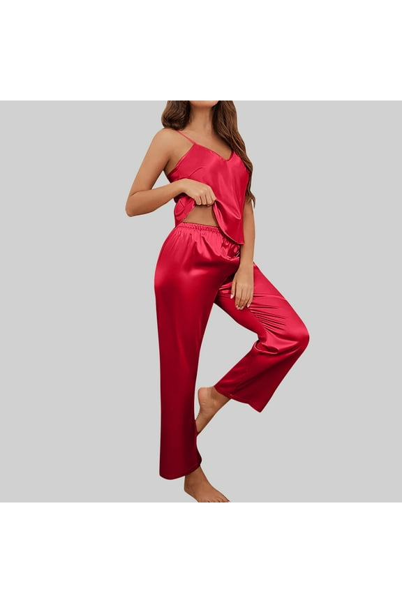 Silk Satin Pajamas Set for Women Two-Piece Short Sleeve Shirt with Long Pajama Pant Set Soft Button Down Loungewear Nightwear Pjs Sleepwear for Women,Red,L