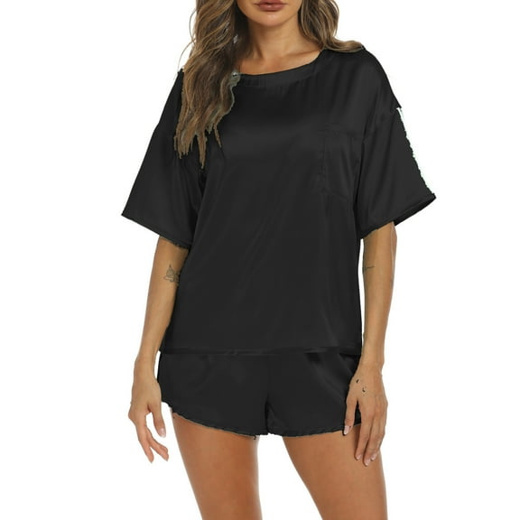 Silk Satin Pajamas Set for Women Two-Piece Short Sleeve Shirt with Short Pajama Pant Set Soft Button Down Loungewear Nightwear Pjs Sleepwear for Women,Black,M