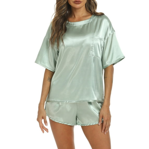 Silk Satin Pajamas Set for Women Two-Piece Short Sleeve Shirt with Short Pajama Pant Set Soft Button Down Loungewear Nightwear Pjs Sleepwear for Women,Green,L
