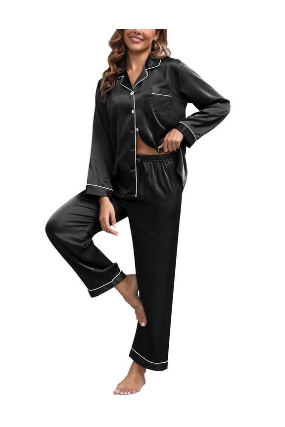 Silk Satin Pajamas for Women Set 2 Piece Silk Pjs Long Sleeve Top Cozy Sleepwear Silky Pajamas