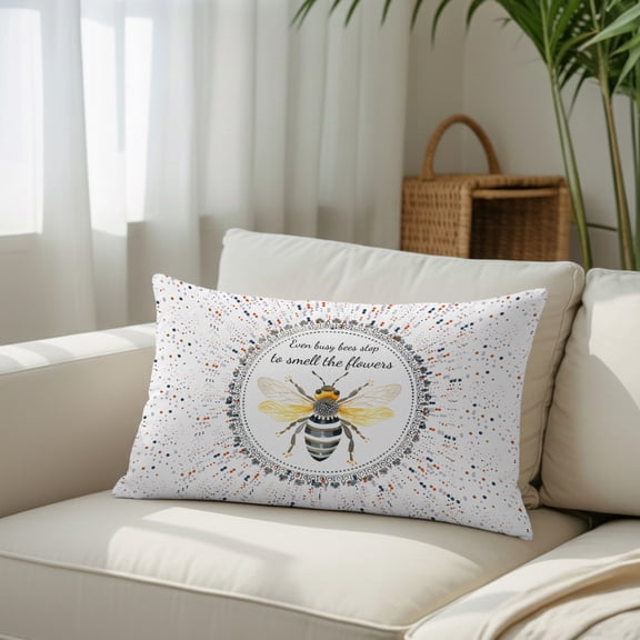 Silk Satin Pillowcase, Abstract Wave Point Bee Texts Rectangle Brushed Pillow Covers 16x24in Wild Animal Honeybee on White Decorative Throw Pillows Protector Cushion Case for Sofa,Patio,Couch,Garden