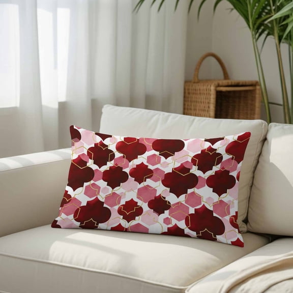 Silk Satin Pillowcase, Burgundy Red Moroccan Texture Rectangle Brushed Pillow Covers 12x20in Retro Geometric Pattern Decorative Throw Pillows Protector Cushion Case for Sofa,Patio,Couch,Garden