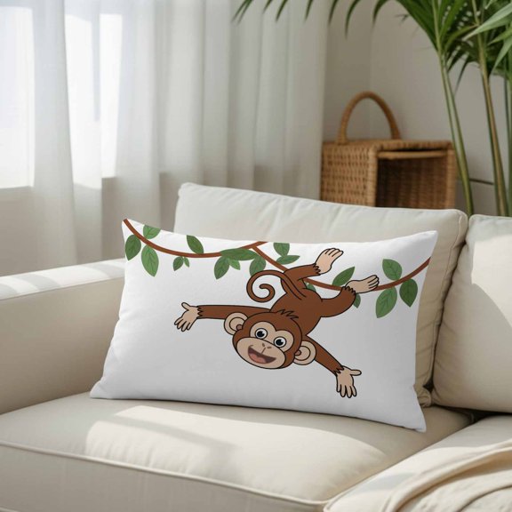 Silk Satin Pillowcase, Cartoon Funny Monkey Green Leaves on White Rectangle Brushed Pillow Covers 12x20in Country Vine Decorative Throw Pillows Protector Cushion Case for Sofa,Patio,Couch,Garden