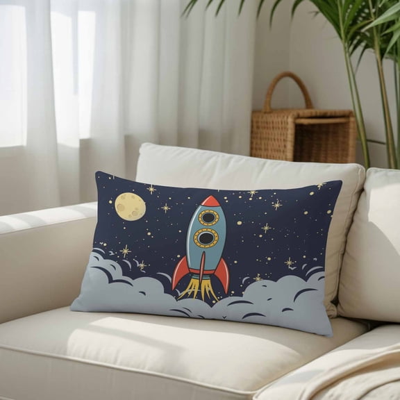 Silk Satin Pillowcase, Cartoon Space Rocket Launch Stars and Moon Rectangle Brushed Pillow Covers 20x36in Outer Planet Decorative Throw Pillows Protector Cushion Case for Sofa,Patio,Couch,Garden