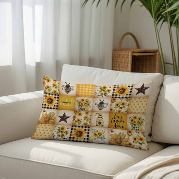 Silk Satin Pillowcase, Country Star Bee Gnome Sunflower Rectangle Brushed Pillow Covers 12x20in Farm Yellow Gingham Check Decorative Throw Pillows Protector Cushion Case for Sofa,Patio,Couch,Garden