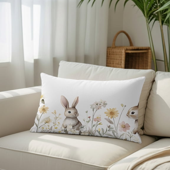 Silk Satin Pillowcase, Easter Rabbits Flowers Rectangle Brushed Pillow Covers 20x36in Retro Pastoral Decorative Throw Pillows Protector Cushion Case for Sofa,Patio,Couch,Garden