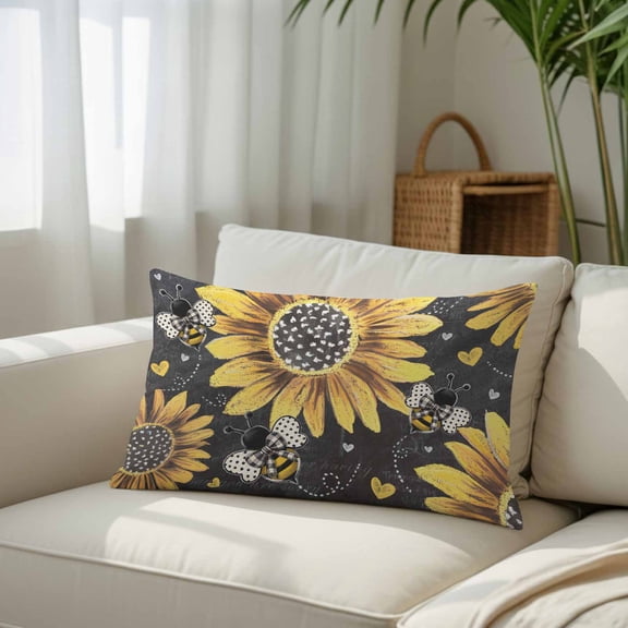 Silk Satin Pillowcase, Farm Sunflower Bee Love Rectangle Brushed Pillow Covers 12x20in Blossom Floral Retro Grey Decorative Throw Pillows Protector Cushion Case for Sofa,Patio,Couch,Garden