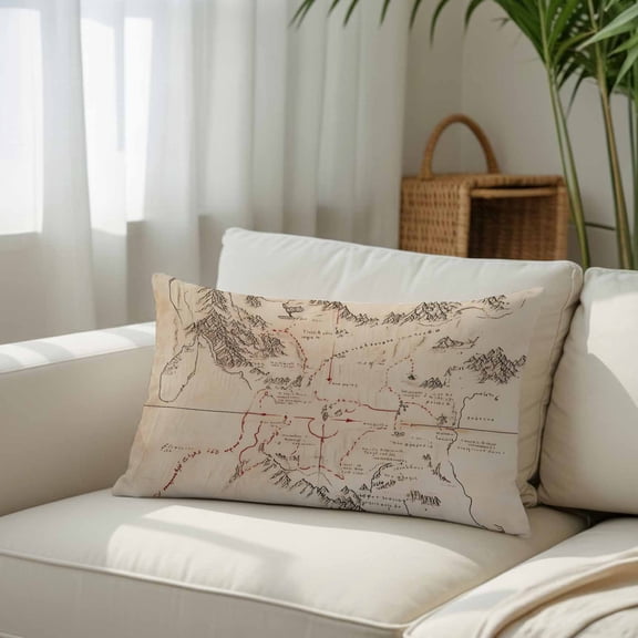 Silk Satin Pillowcase, Middle Earth Map on Vintage Rectangle Brushed Pillow Covers 20x26in Abstract Mountain Decorative Throw Pillows Protector Cushion Case for Sofa,Patio,Couch,Garden