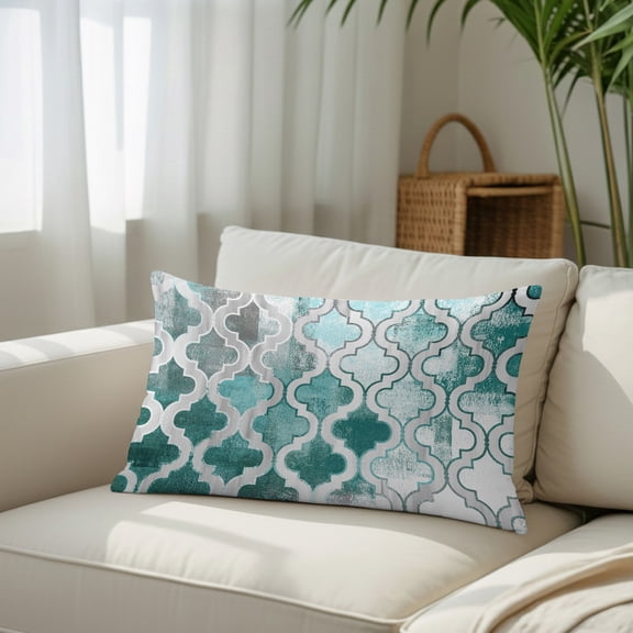 Silk Satin Pillowcase, Moroccan Lattice Teal Gradient Rectangle Brushed Pillow Covers 20x36in Watercolor Oil Painting Style Decorative Throw Pillows Protector Cushion Case for Sofa,Patio,Couch,Garden