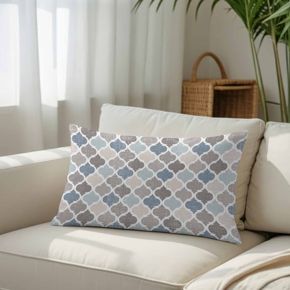 Silk Satin Pillowcase, Moroccan Lattice Texture Rectangle Brushed Pillow Covers 16x24in Blue Grey Retro Geometric Art Decorative Throw Pillows Protector Cushion Case for Sofa,Patio,Couch,Garden