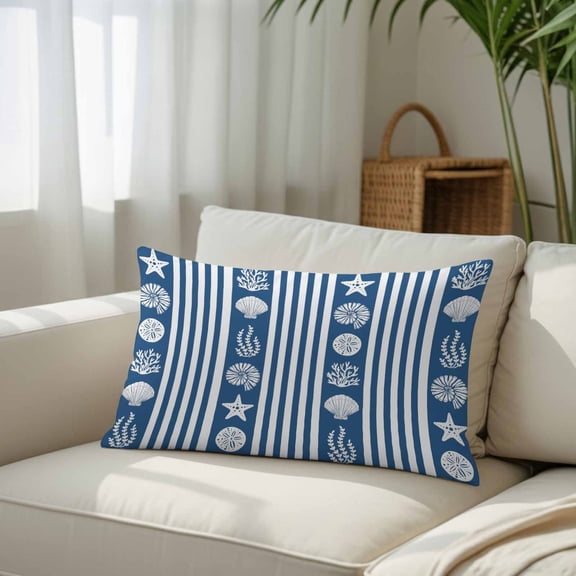 Silk Satin Pillowcase, Oceans Shells Corals Rectangle Brushed Pillow Covers 20x26in Deep Blue Stripes Decorative Throw Pillows Protector Cushion Case for Sofa,Patio,Couch,Garden