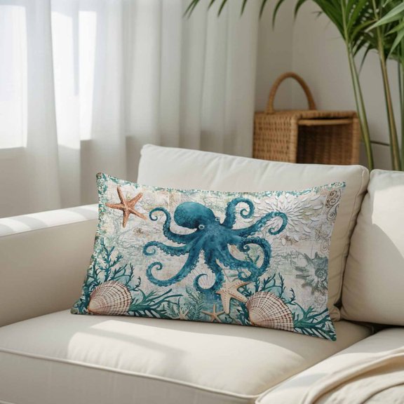 Silk Satin Pillowcase, Octopus Starfish Shell Sea Monster Rectangle Brushed Pillow Covers 20x26in Nautical Map Decorative Throw Pillows Protector Cushion Case for Sofa,Patio,Couch,Garden
