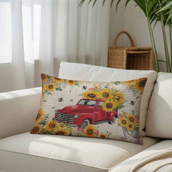 Silk Satin Pillowcase, Pastoral Sunflower Bee Farm Truck Rectangle Brushed Pillow Covers 20x26in Retro Letter Decorative Throw Pillows Protector Cushion Case for Sofa,Patio,Couch,Garden
