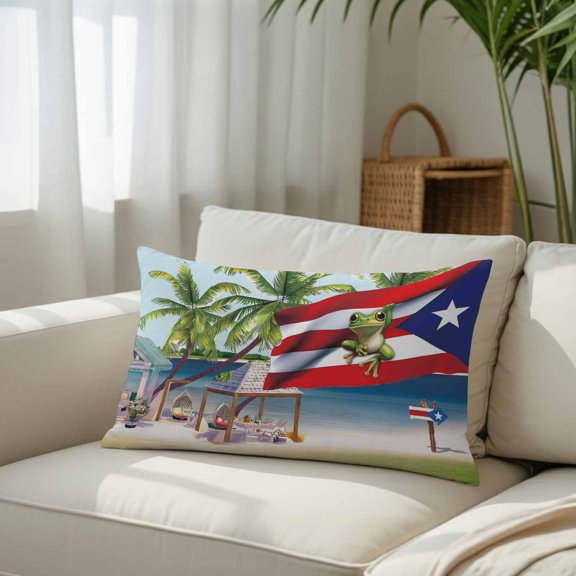 Silk Satin Pillowcase, Puerto Rico Flag Frog Coconut Trees Rectangle Brushed Pillow Covers 12x20in Ocean Beach Decorative Throw Pillows Protector Cushion Case for Sofa,Patio,Couch,Garden
