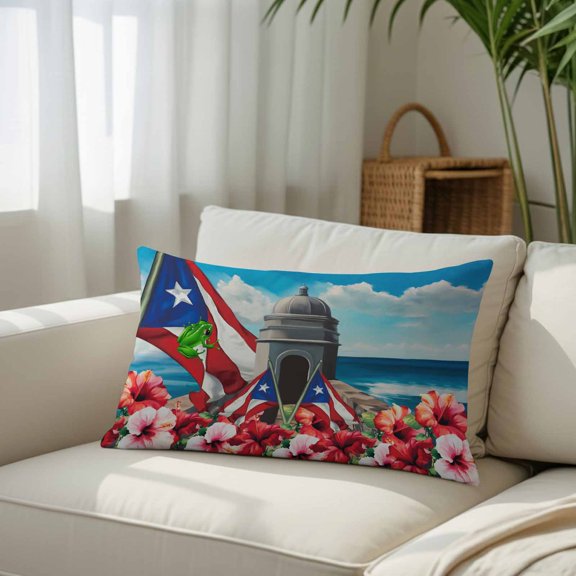 Silk Satin Pillowcase, Puerto Rico Flag Hibiscus Flower Rectangle Brushed Pillow Covers 12x20in Frog Floral Ocean Decorative Throw Pillows Protector Cushion Case for Sofa,Patio,Couch,Garden
