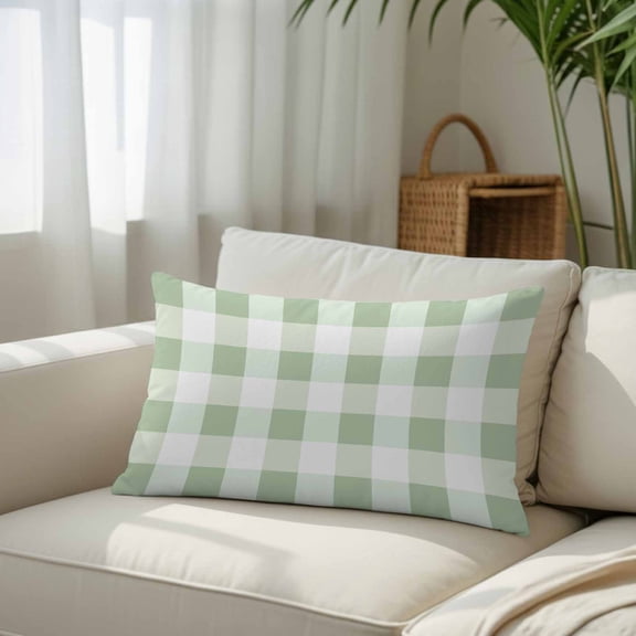 Silk Satin Pillowcase, Simple White Green Buffalo Plaid Rectangle Brushed Pillow Covers 20x26in Spring Checker Gingham Decorative Throw Pillows Protector Cushion Case for Sofa,Patio,Couch,Garden