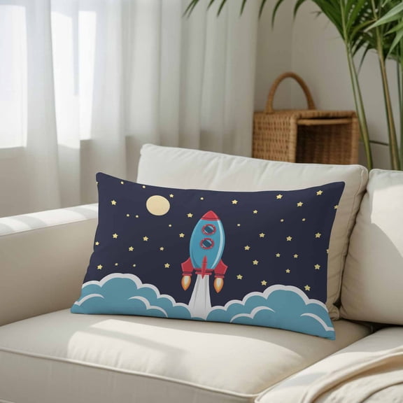 Silk Satin Pillowcase, Space Rocket Moon Star Rectangle Brushed Pillow Covers 12x20in Cartoon Style Decorative Throw Pillows Protector Cushion Case for Sofa,Patio,Couch,Garden