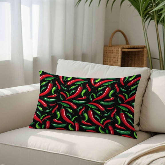 Silk Satin Pillowcase, Spicy Chili Pepper Pattern Rectangle Brushed Pillow Covers 12x20in Red Green Peppers on Black Decorative Throw Pillows Protector Cushion Case for Sofa,Patio,Couch,Garden