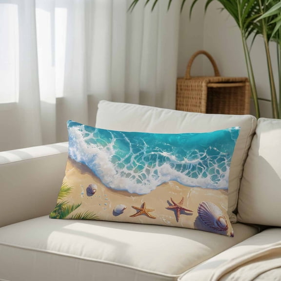 Silk Satin Pillowcase, Summer Beach Shells Starfish Rectangle Brushed Pillow Covers 16x24in Blue Ocean Waves Decorative Throw Pillows Protector Cushion Case for Sofa,Patio,Couch,Garden