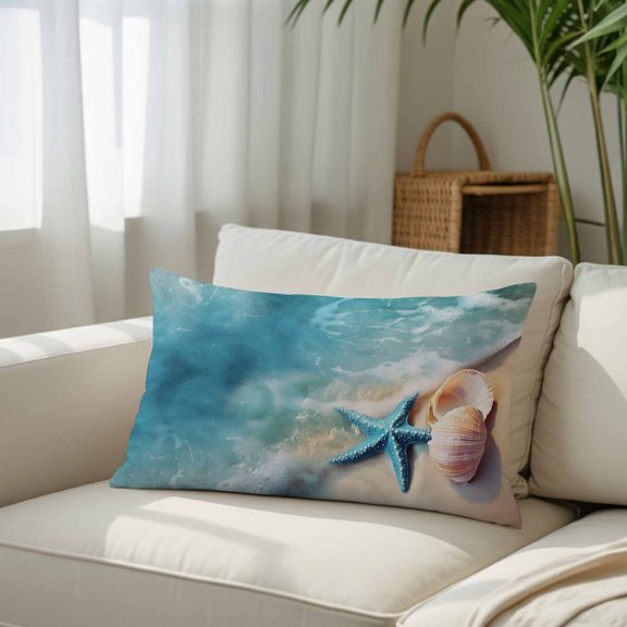 Silk Satin Pillowcase, Summer Beach Starfish Shells Rectangle Brushed Pillow Covers 20x26in Blue Waves Water Ripple Decorative Throw Pillows Protector Cushion Case for Sofa,Patio,Couch,Garden