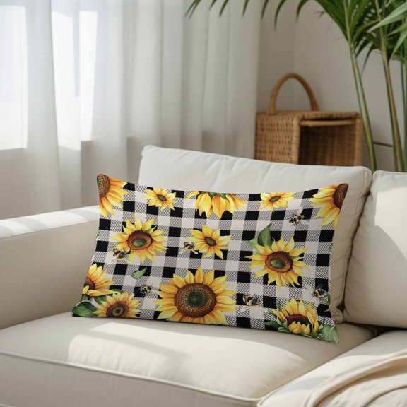 Silk Satin Pillowcase, Summer Sunflower Bee Spring Floral Watercolor Rectangle Brushed Pillow Covers 20x26in Black Buffalo Check Decorative Throw Pillows Protector Cushion Case for Sofa,Patio,Couch