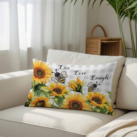 Silk Satin Pillowcase, Sunflower Farmhouse Floral Bee Rectangle Brushed Pillow Covers 12x20in Classical Grey Plaid Decorative Throw Pillows Protector Cushion Case for Sofa,Patio,Couch,Garden