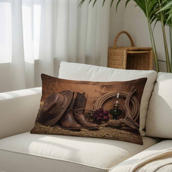 Silk Satin Pillowcase, Vintage Western Cowboy Boots Hat Rectangle Brushed Pillow Covers 12x20in Rose Flower Farm Wood Grain Decorative Throw Pillows Protector Cushion Case for Sofa,Patio,Couch,Garden
