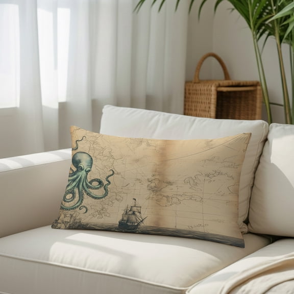 Silk Satin Pillowcase, Vintage World Map Ocean Octopus Rectangle Brushed Pillow Covers 16x24in Nautical Sailing Boat Brown Decorative Throw Pillows Protector Cushion Case for Sofa,Patio,Couch,Garden