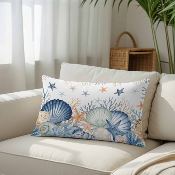 Silk Satin Pillowcase, Watercolor Blue Shells Starfish Coral Rectangle Brushed Pillow Covers 12x20in Marine Life Decorative Throw Pillows Protector Cushion Case for Sofa,Patio,Couch,Garden