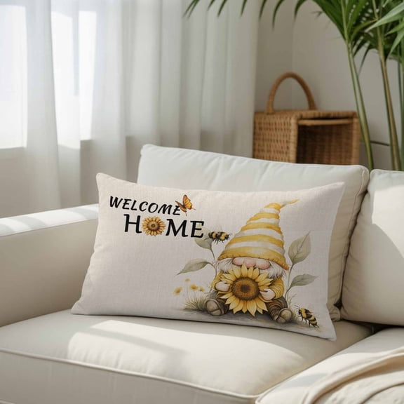 Silk Satin Pillowcase, Welcome Home Gnome Rectangle Brushed Pillow Covers 20x36in Vintage Sunflower Bee Butterfly Decorative Throw Pillows Protector Cushion Case for Sofa,Patio,Couch,Garden