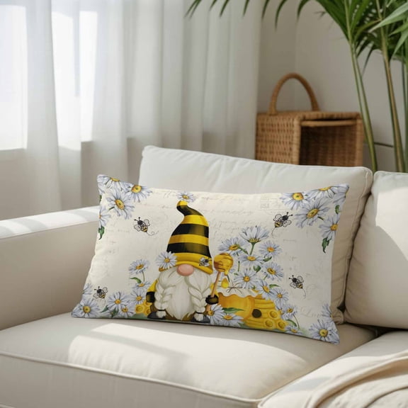 Silk Satin Pillowcase, White Daisy Pastoral Gnome Bee Rectangle Brushed Pillow Covers 16x24in Summer Honey Hive Decorative Throw Pillows Protector Cushion Case for Sofa,Patio,Couch,Garden