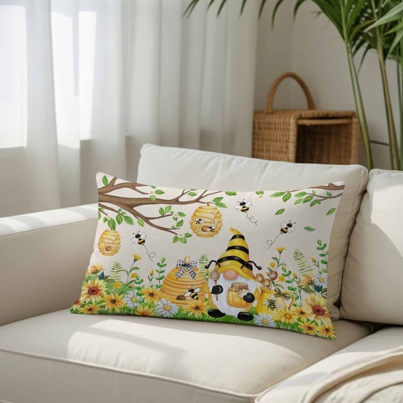 Silk Satin Pillowcase, Yellow Gnome Bee Flower Leaf Rectangle Brushed Pillow Covers 12x20in Farmhouse Pastoral Theme Decorative Throw Pillows Protector Cushion Case for Sofa,Patio,Couch,Garden