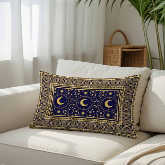Silk Satin Pillowcase, Yellow Moon Star Dark Blue Rectangle Brushed Pillow Covers 16x24in Traditional Ethnic Style Decorative Throw Pillows Protector Cushion Case for Sofa,Patio,Couch,Garden